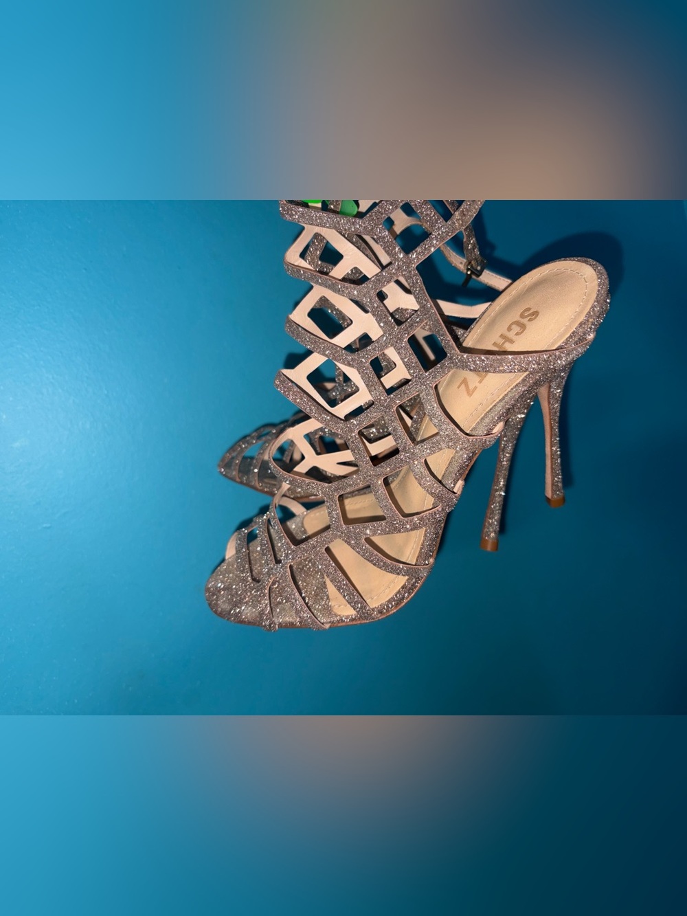 SCHUTZ Silver Glitter Cage Stiletto Heels